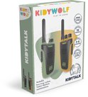 Doos met twee Kidywolf KIDYTALK walkietalkies, één groen en één oranje, met informatie.