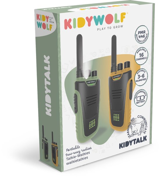 Doos met twee Kidywolf KIDYTALK walkietalkies, één groen en één oranje, met informatie.