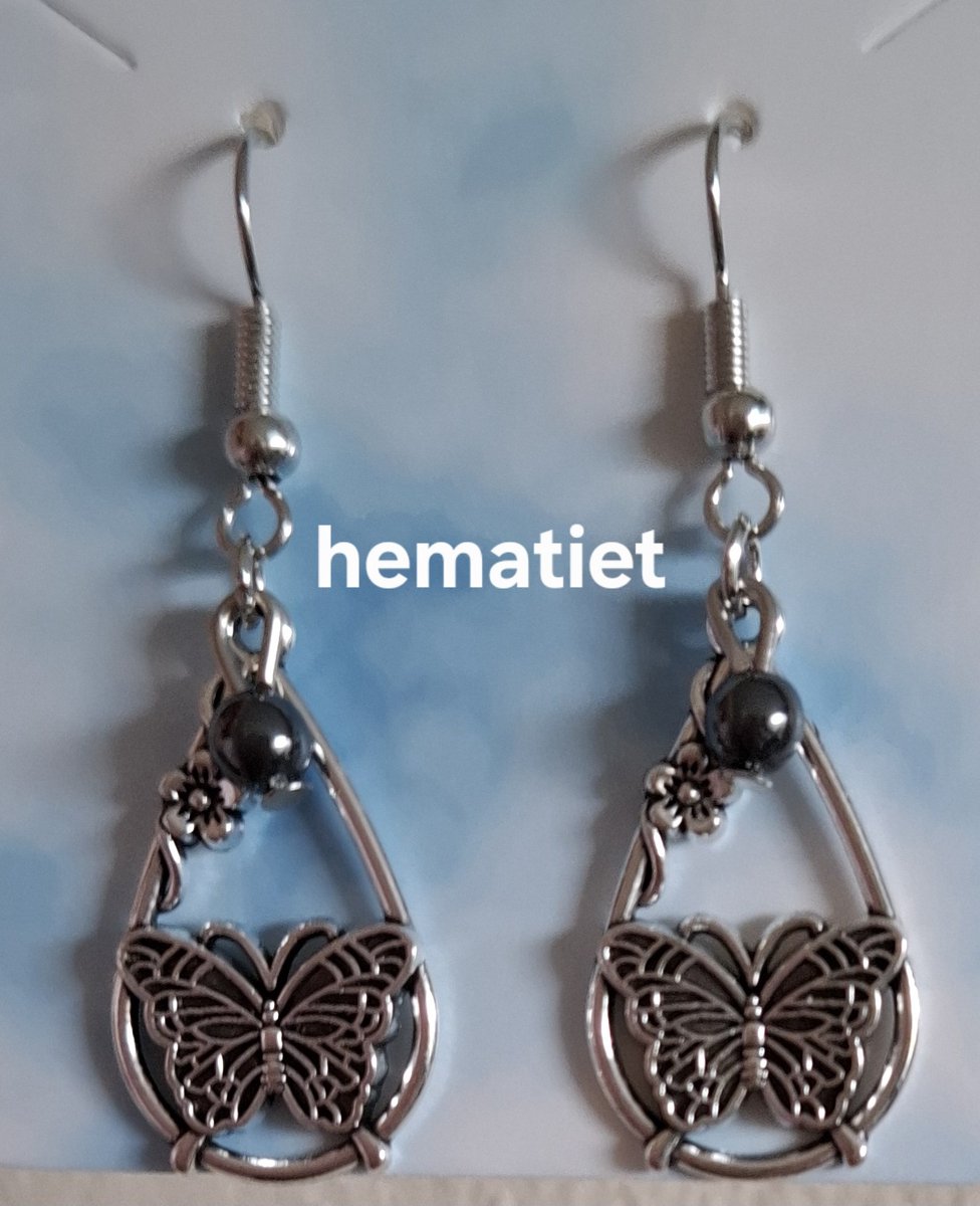 mineraalsteen "Hematiet" waterdruppel / Vlinder Oorbellen zilver