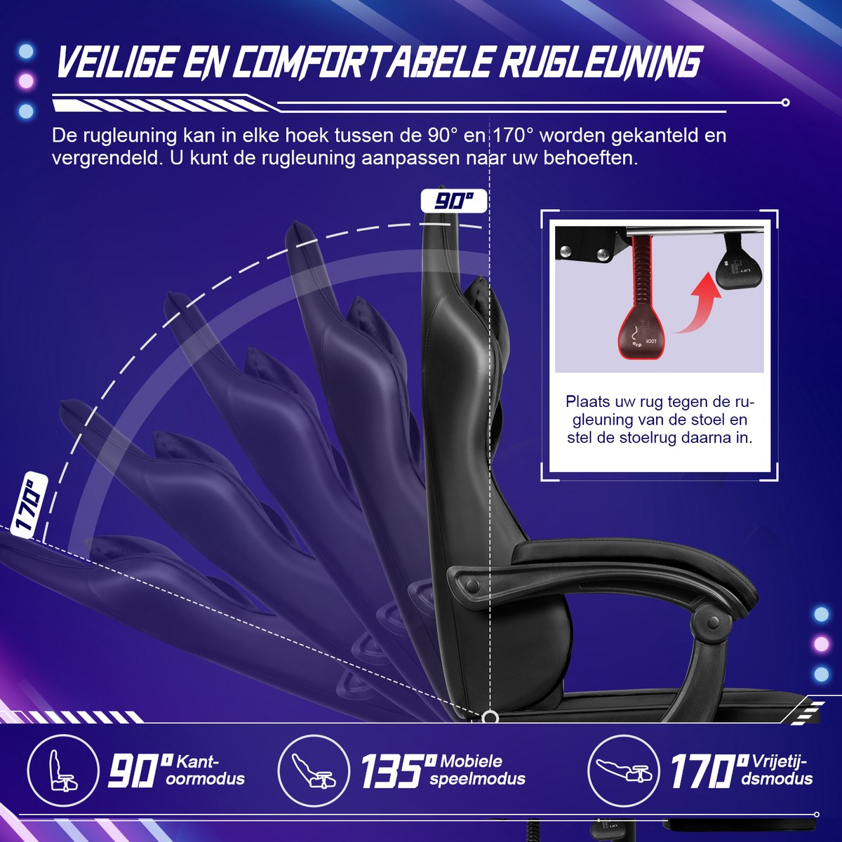 Afbeelding 2 van Elekiatech Gaming Stoel - Gamestoel mit 90°-170° Rugleuning - Gaming Chair met Inklapbare Voetensteun - Game Stoel met Zachte Armleuningen - Max. Draagvermogen 150 kg
