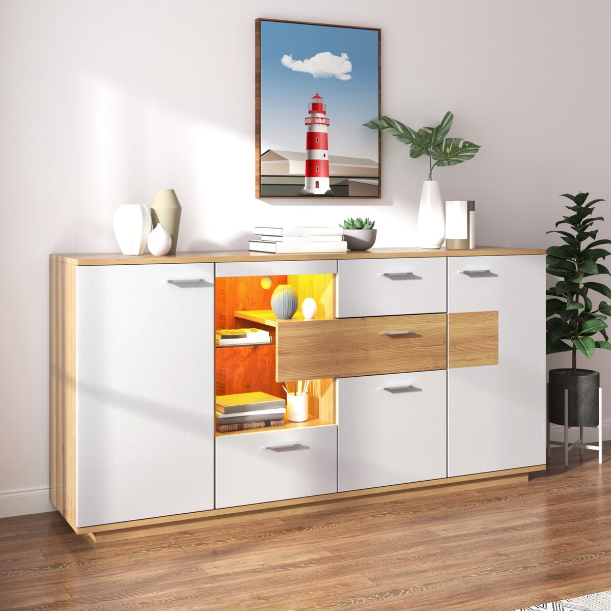 Sweiko Dressoir - LED verlichting - 2 deuren - 4 laden - Glazen legplanken - Houten look - Wit