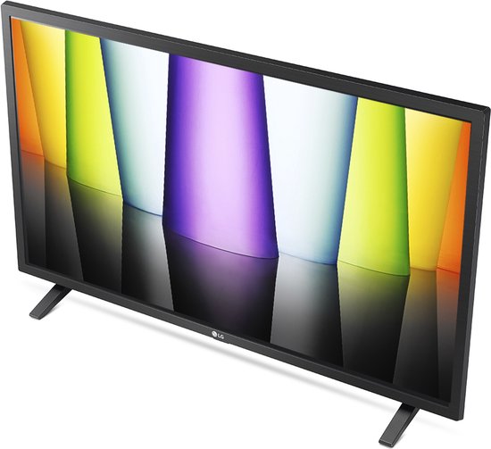 Schuine weergave van een zwarte LG smart tv met een kleurrijk scherm.