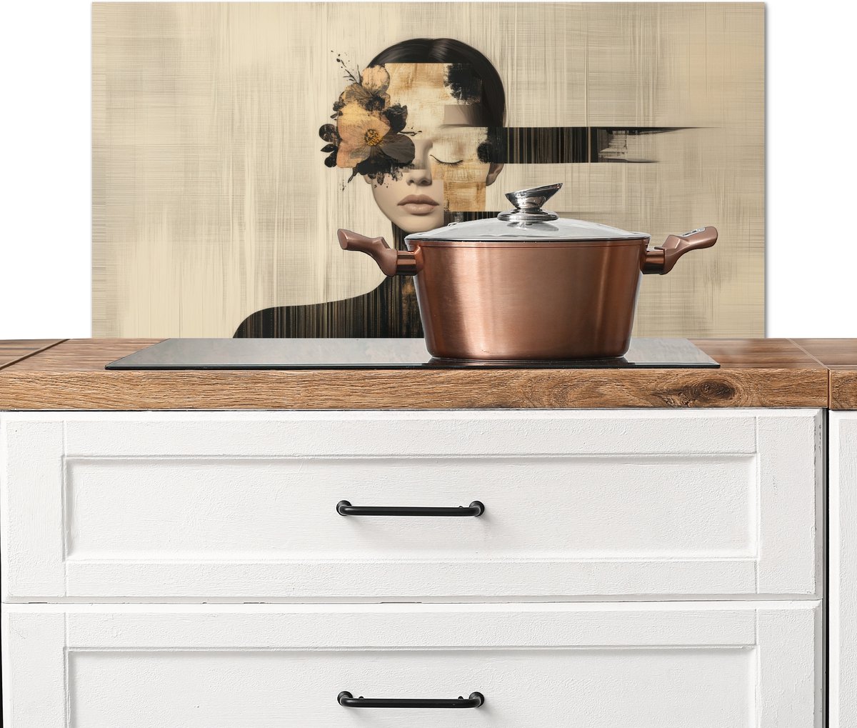 Spatscherm keuken 90x45 cm - Kookplaat achterwand Gezicht - Bloemen - Zwart - Vrouw - Muurbeschermer - Spatwand fornuis - Hoogwaardig aluminium