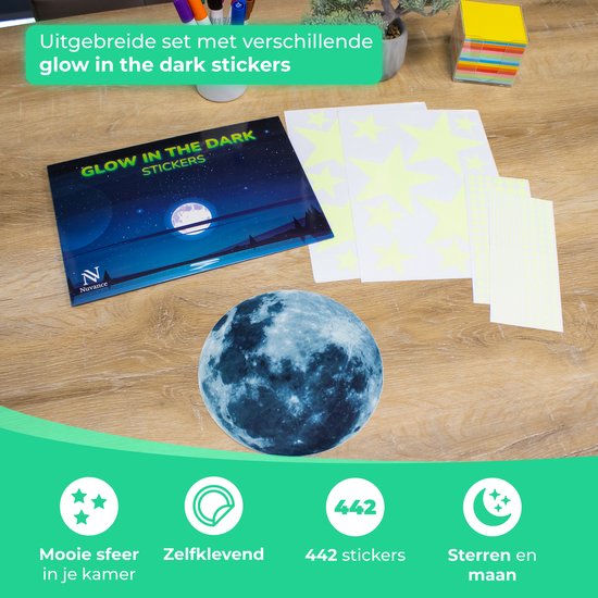 Nuvance - Glow in the Dark Sterren en Maan - 442 Stuks - Muurstickers Kinderkamer