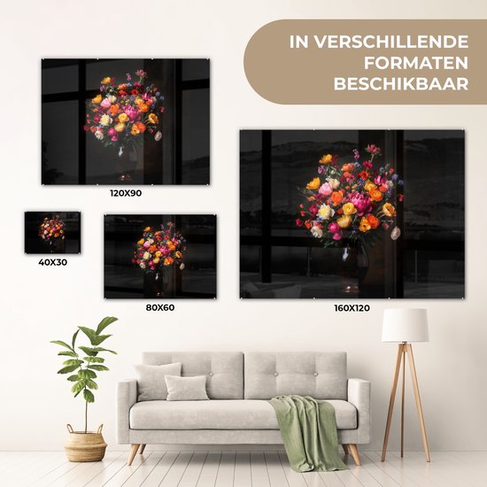 MuchoWow® Peinture sur verre 120x90 cm - Peinture acrylique sur verre - Colorée - Bouquet - Vase - Brun foncé - Photo sur verre - Décoration murale salon - Décoration murale chambre - Peintures