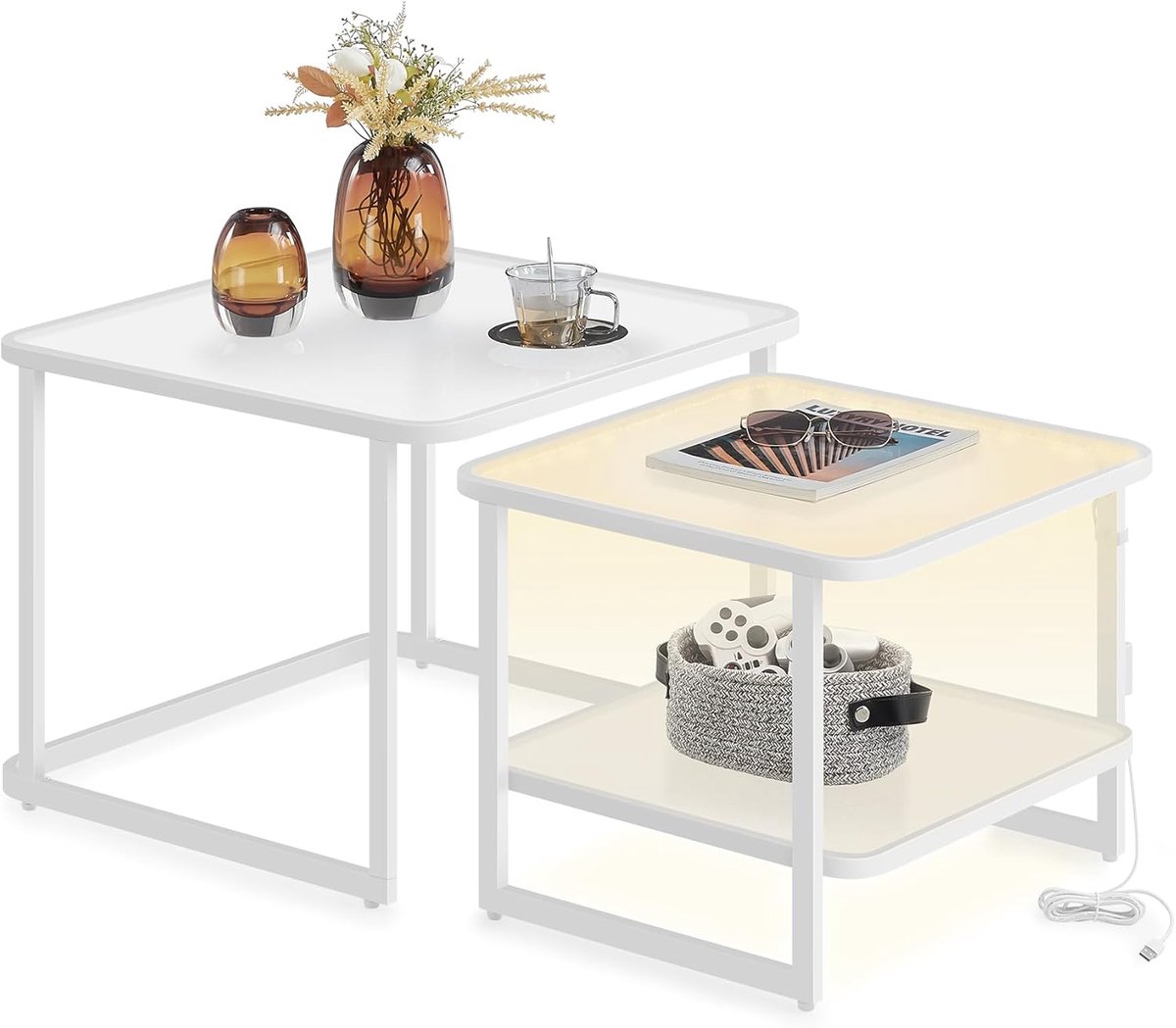 Furnstar Salontafel - Set van 2 met LED-Verlichting - Vierkante Bijzettafel - Modern - Melkglas - Onderste Plank - Wolkenwit-Parelwit - LCT246W01
