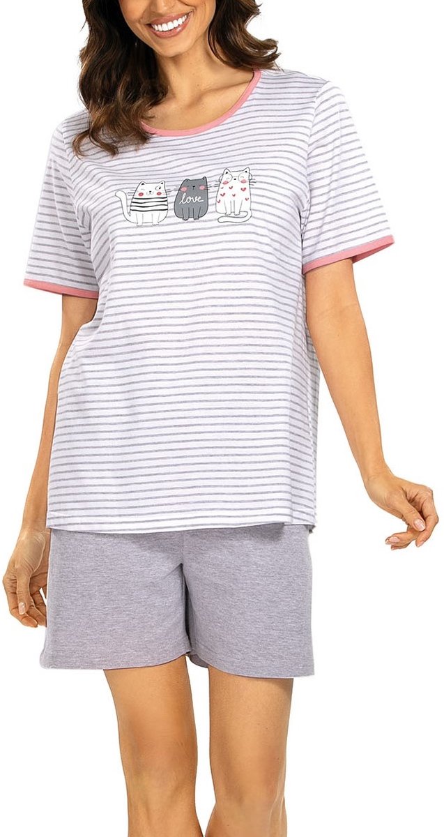 Comtessa Dames Shortama - Zomer Pyjama - Katoen - Kitty grey Grijs