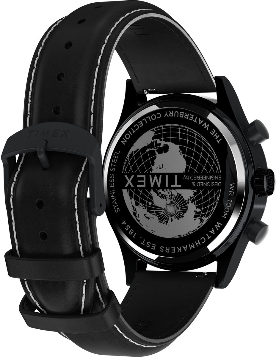 Timex Waterbury Traditional Fly Back Kwarts Analoog Horloge Zwart Case: 100% Stainless Steel | Armband: 100% Recycled Material 43 TW2W47900AJ, TW2W48000AJ