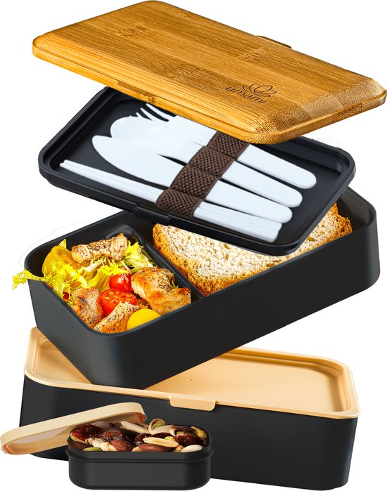 Foto: Umami bento lunchbox premium bpa vrij 2 containers bestek sauspotje geschikt voor magnetron vaatwasser vriezer perfect voor volwassenen kinderen