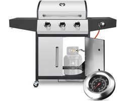 Luxe Grote Gasbarbecue met 3+1 Branders – 34.000 BTU – Roestvrij Staal – Met Zijbrander - Gietijzeren Roosters Temperatuurmeter - Opklapbare Werktafels – Draagbare BBQ op Wielen voor Buiten koken en BBQ Feesten