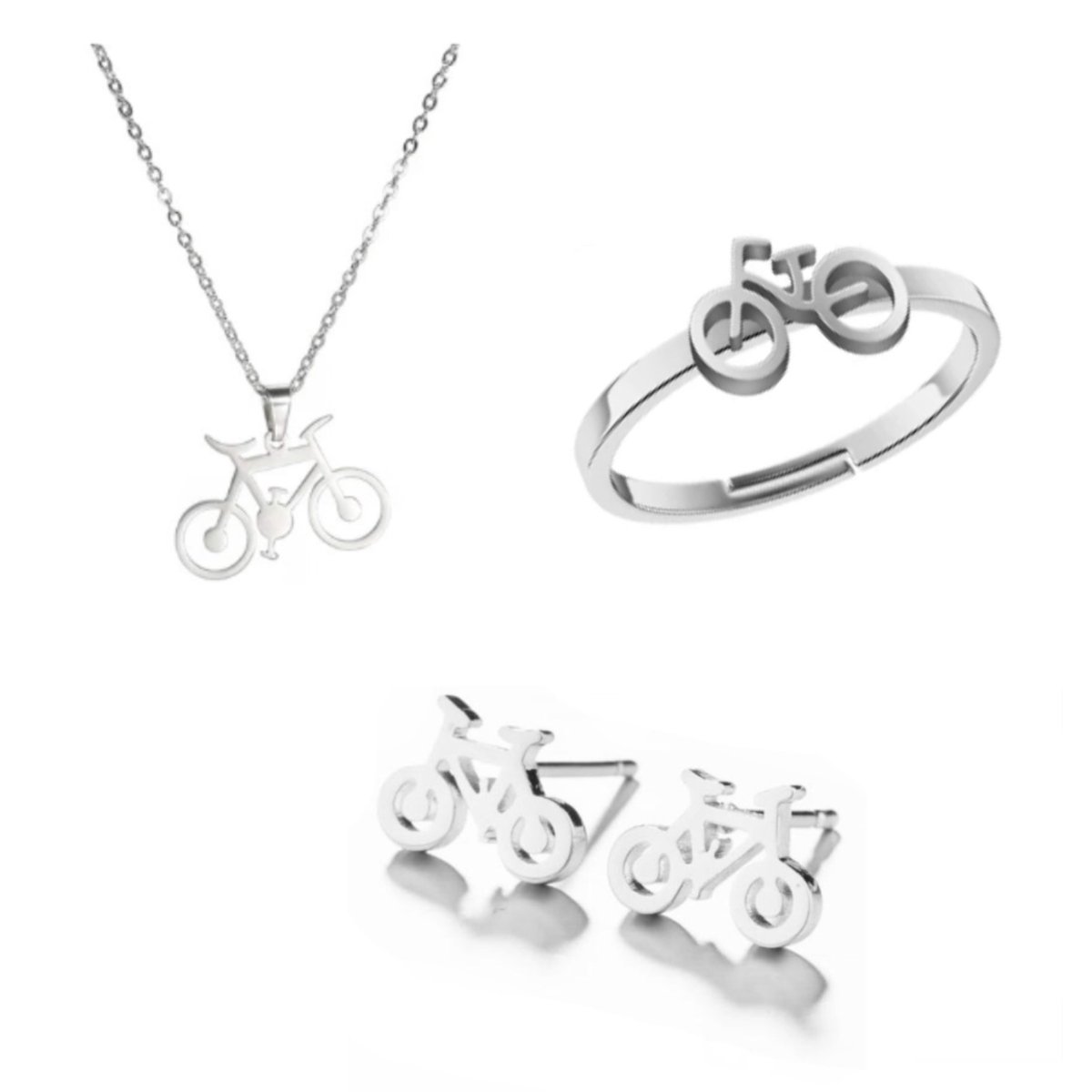 SportPresent® - Sieradenset - Fiets - Oorbellen - Ketting - Ring - Smal - Wielrennen - Fietsen - Sieraad - Kado - Sport - Teamkado - Sportsieraad
