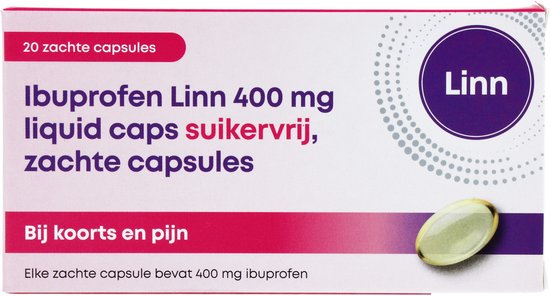 Doosje Linn Ibuprofen 400 mg liquid caps suikervrij, zachte capsules. 20 zachte capsules. Bij koorts en pijn.