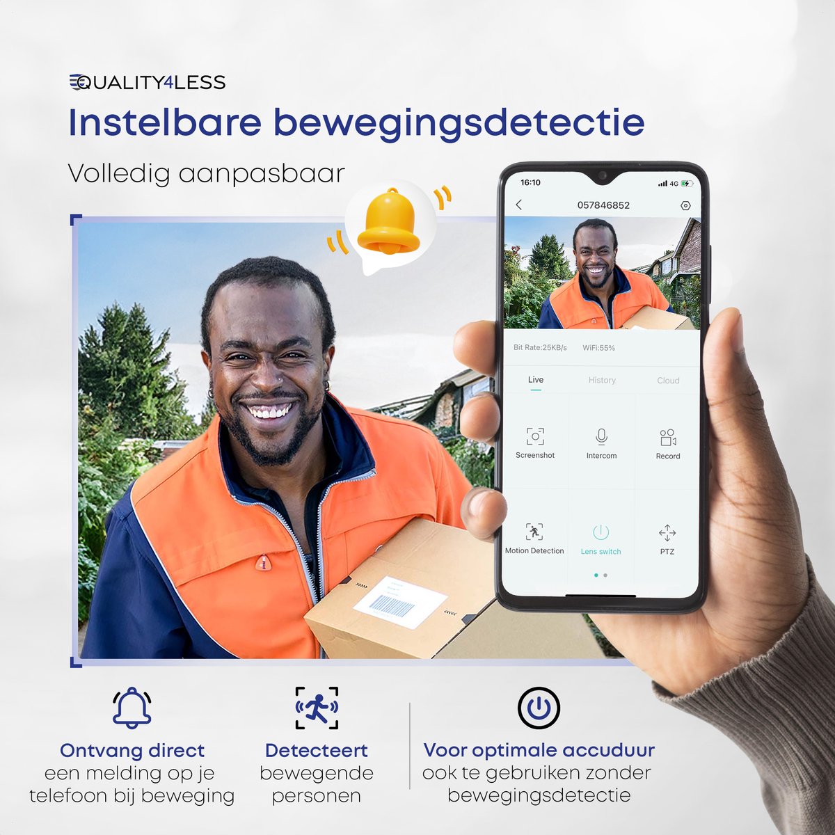 Quality4Less™ - Slimme Draadloze Video Deurbel met camera - 3MP Ultra HD - Wifi deurbel - Zonder abonnement - Incl. draadloze gong en 32GB SD-Kaart - (T-ring geluid) - Zwart — cadeau in Elektronica - foto 5