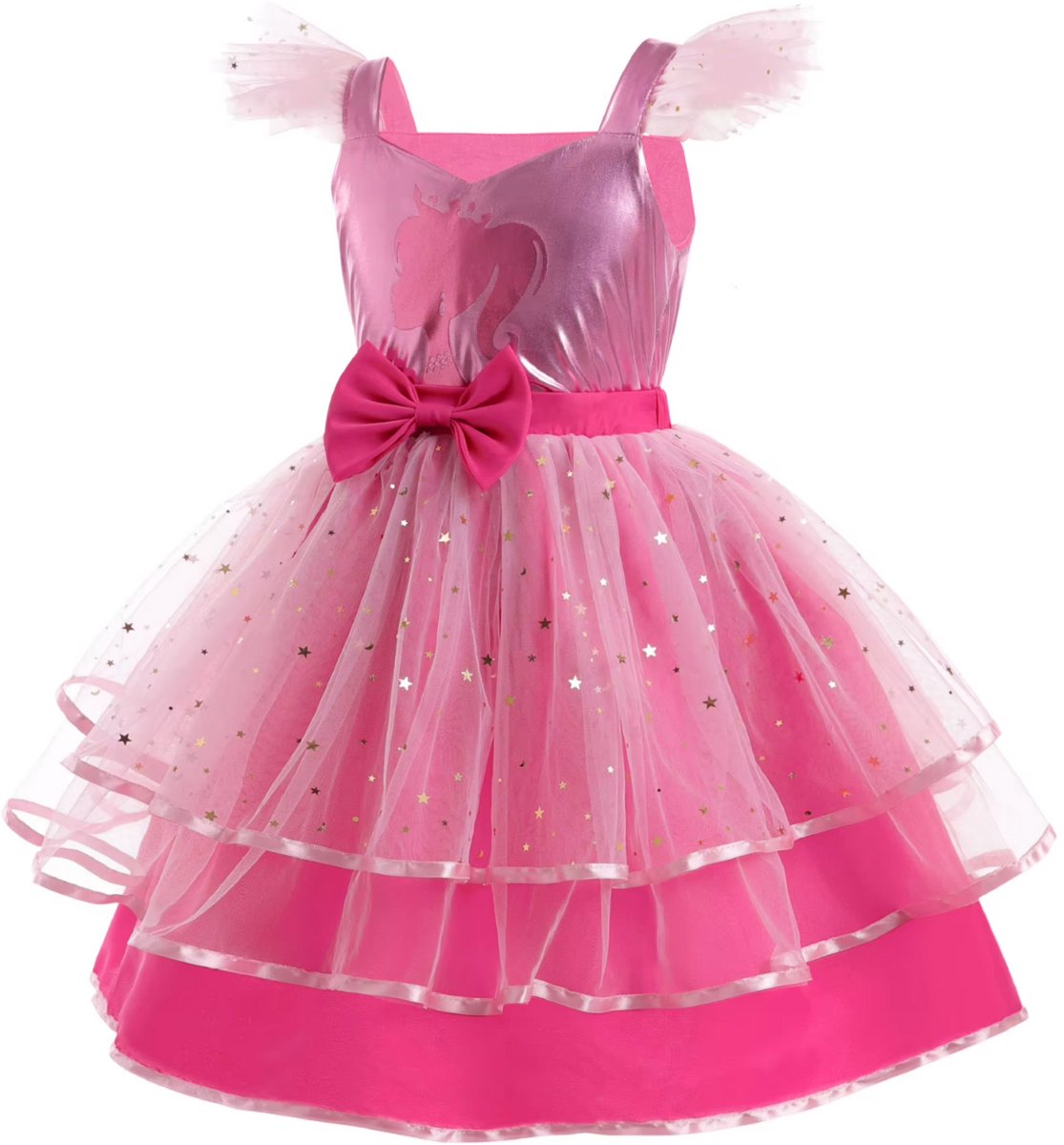 Joya Kids® Luxe Verkleedpop Prinsessenjurk voor kinderen | Verkleedjurk Meisje hard Roze Tule Rok | Halloween kostuum | Metallic Roze met Strik | Carnaval kleding | Verkleed kostuum Jurk | — afbeelding 6