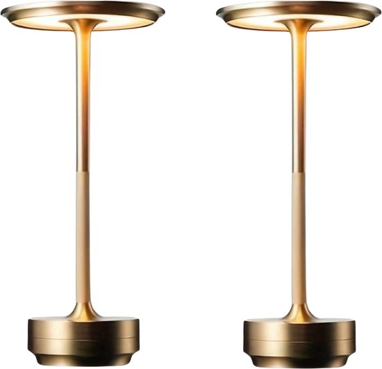 Deux lampes de table dorées sans fil avec éclairage dimmable, isolées sur fond blanc.