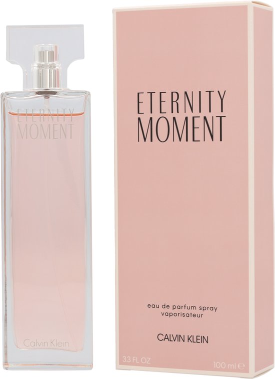 Calvin Klein Eternity Moment vaporisateur eau de parfum 100 ml pour femme dans une boîte rose.