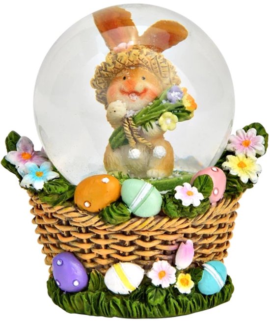 Boule à neige lapin de Pâques avec bouquet de fleurs sur socle en forme de panier de Pâques avec œufs de Pâques et fleurs - Décoration de printemps de Pasen secouer globe