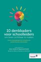 Boek "10 denkkaders voor schoolleiders om leren zichtbaar te maken" met een gloeiende gloeilamp met kleurrijke facetten en uitlopende strepen op een teal achtergrond.