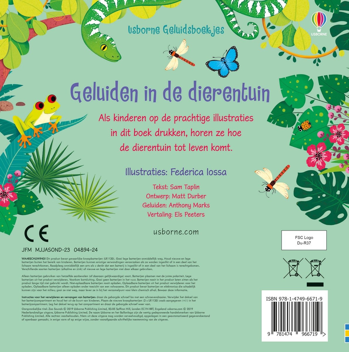 Rug van een kinderboek met illustraties van vlinders, libelles, lieveheersbeestjes en tekst.