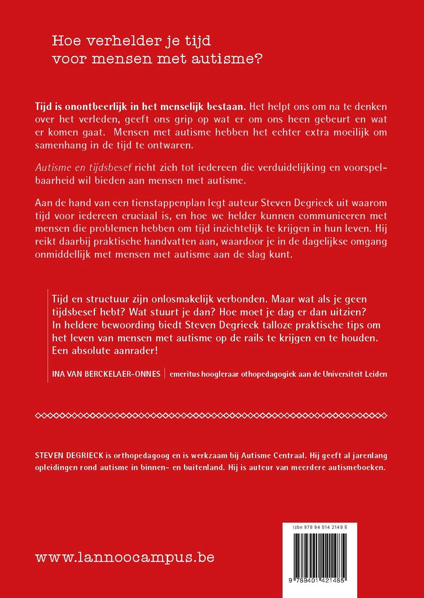 Achterkant van een boek met de titel "Hoe verhelder je tijd voor mensen met autisme?" in rode letters.