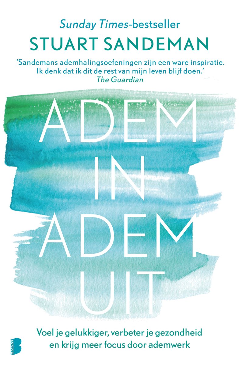 Boek met de titel Adem in adem uit, met aquarelverf aquablauwe en groene strepen en witte tekst.