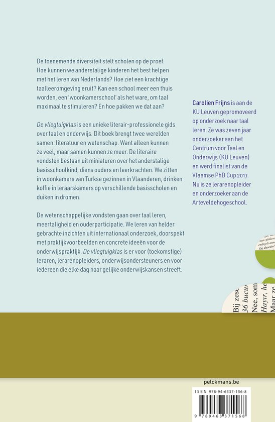 Achterkant van het boek 'De vliegtuigklas'. Tekst over de inhoud en auteur Carolien Frijns. ISBN en barcode onderaan.