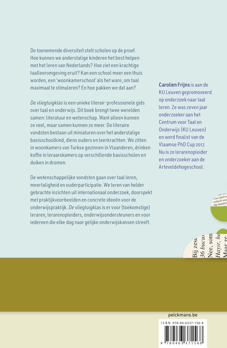 Achterkant van het boek 'De vliegtuigklas'. Tekst over de inhoud en auteur Carolien Frijns. ISBN en barcode onderaan.