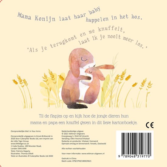 Twee konijnen, moeder en kind, knuffelen. Tekst: Mama Konijn laat haar baby huppelen in het bos.