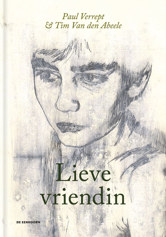 De voorkant van een boek met de titel 'Lieve vriendin' en een potloodtekening van een jong gezicht.