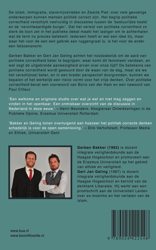 Foto van de auteurs Gerben Bakker en Gert Jan Geling naast de flaptekst van het boek "Over politieke correctheid".