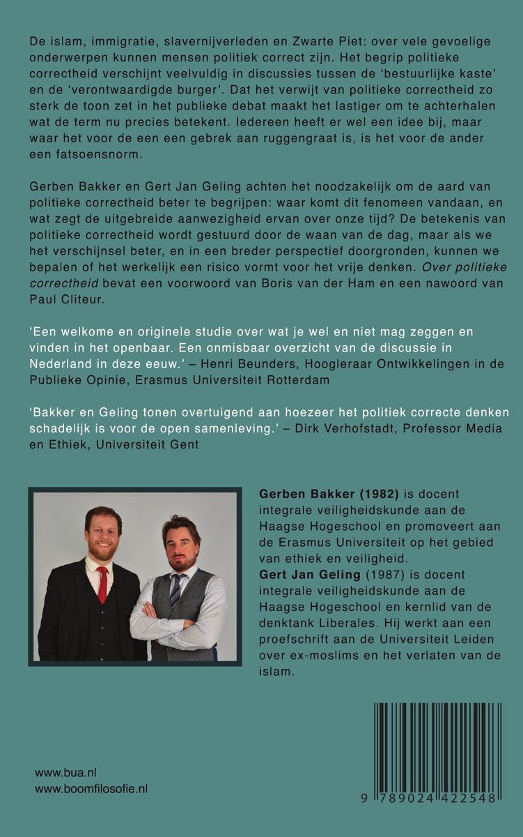 Foto van de auteurs Gerben Bakker en Gert Jan Geling naast de flaptekst van het boek "Over politieke correctheid".