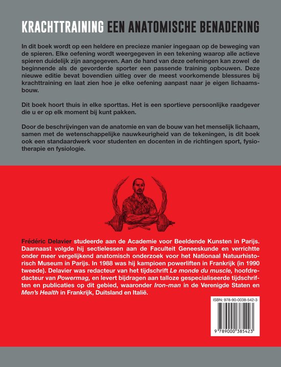 Achterkant van het boek Krachttraining: Een Anatomische Benadering, met details over de inhoud en de auteur.