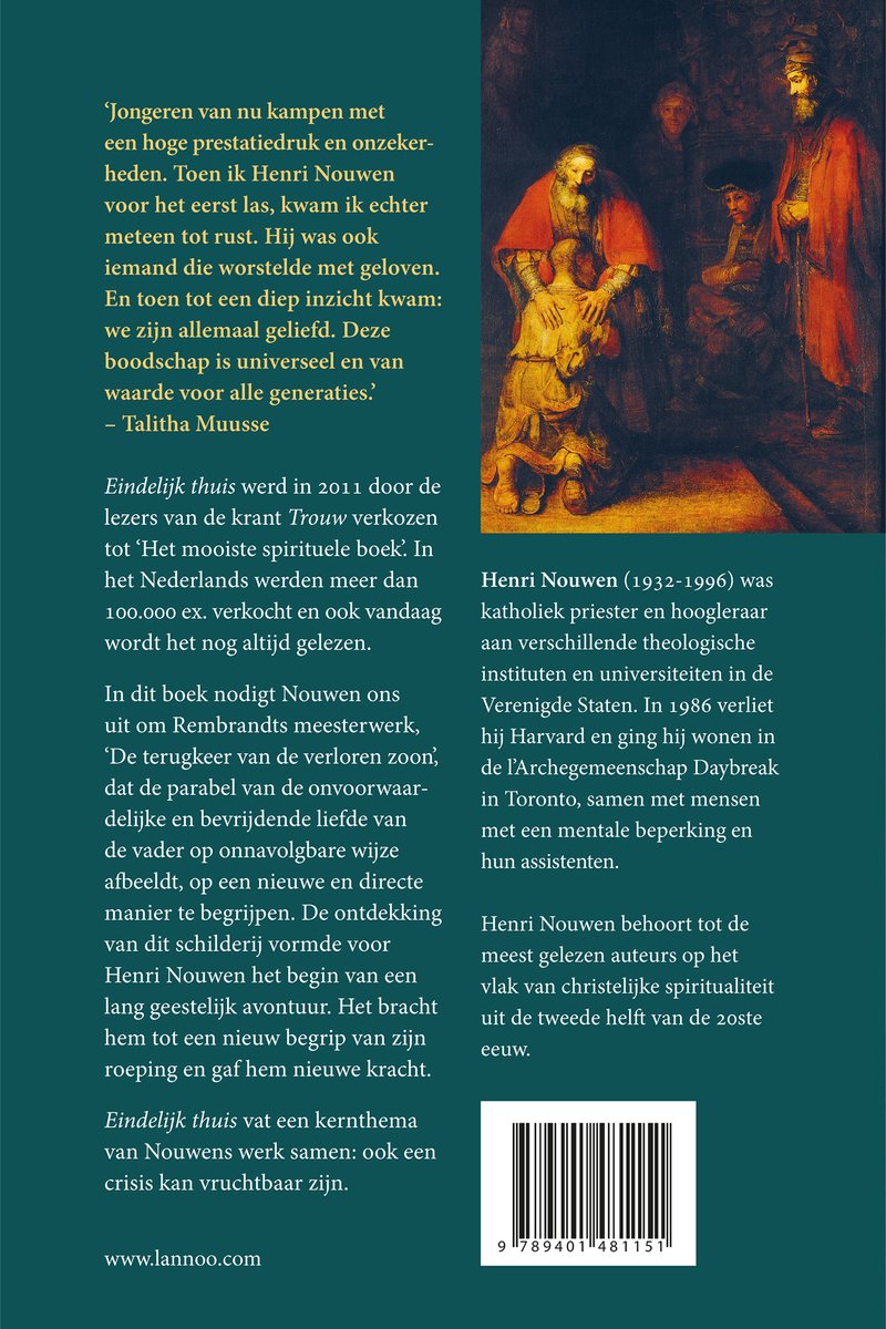 Boekomslag van 'Eindelijk thuis' met tekst en een afbeelding van Rembrandts 'De terugkeer van de verloren zoon'.
