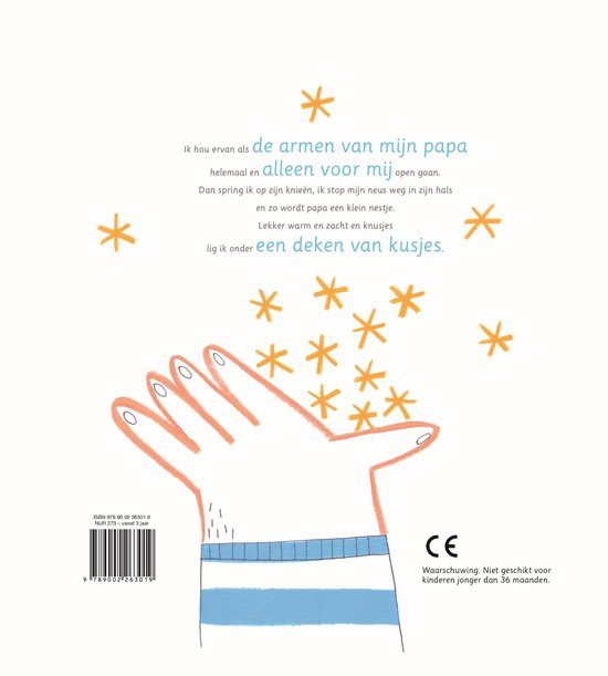 Illustratie van een arm die een kind omhelst, met sterren en tekst. ISBN en waarschuwing: niet geschikt voor kinderen jonger dan 36 maanden.