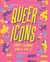 Boekcover met de titel 'QUEER ICONS LHBTi-iconen van A tot Z'. De achtergrond is roze met paarse en gele confetti.