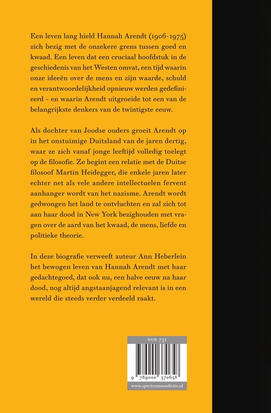 Achterkant van het boek met tekst over Hannah Arendt, haar leven, werk en biografie door Ann Heberlein.