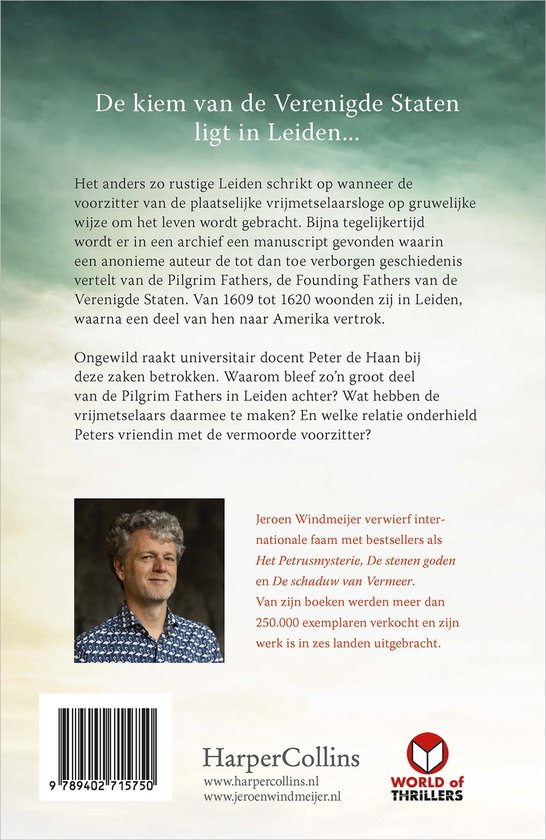 Boekomslag met tekst over "De kiem van de Verenigde Staten ligt in Leiden". Een foto van Jeroen Windmeijer.