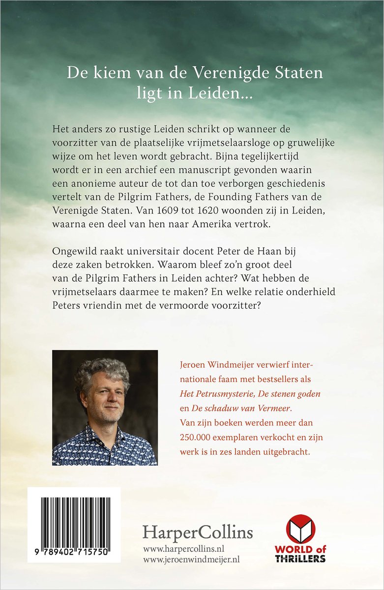 Boekomslag met tekst over "De kiem van de Verenigde Staten ligt in Leiden". Een foto van Jeroen Windmeijer.