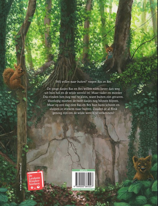 Achterkant van een kinderboek met illustraties van dieren in het bos, waaronder een eekhoorn, een vos en een das. Tekst 'De leukste kinderboeken'.