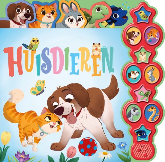 Een boek met illustraties van huisdieren, waaronder een kat en een hond die spelen met een bal.