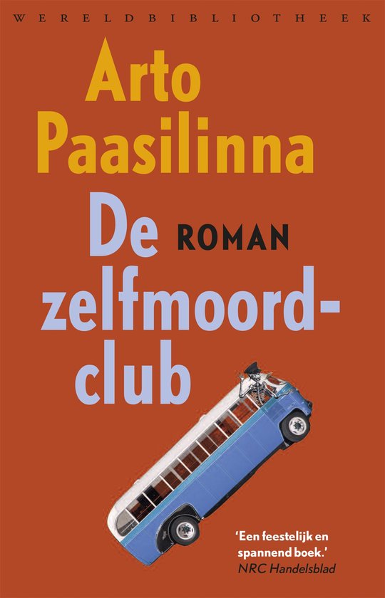 Boekomslag met 'De zelfmoordclub' in grote letters, een rode achtergrond en een blauwe bus.