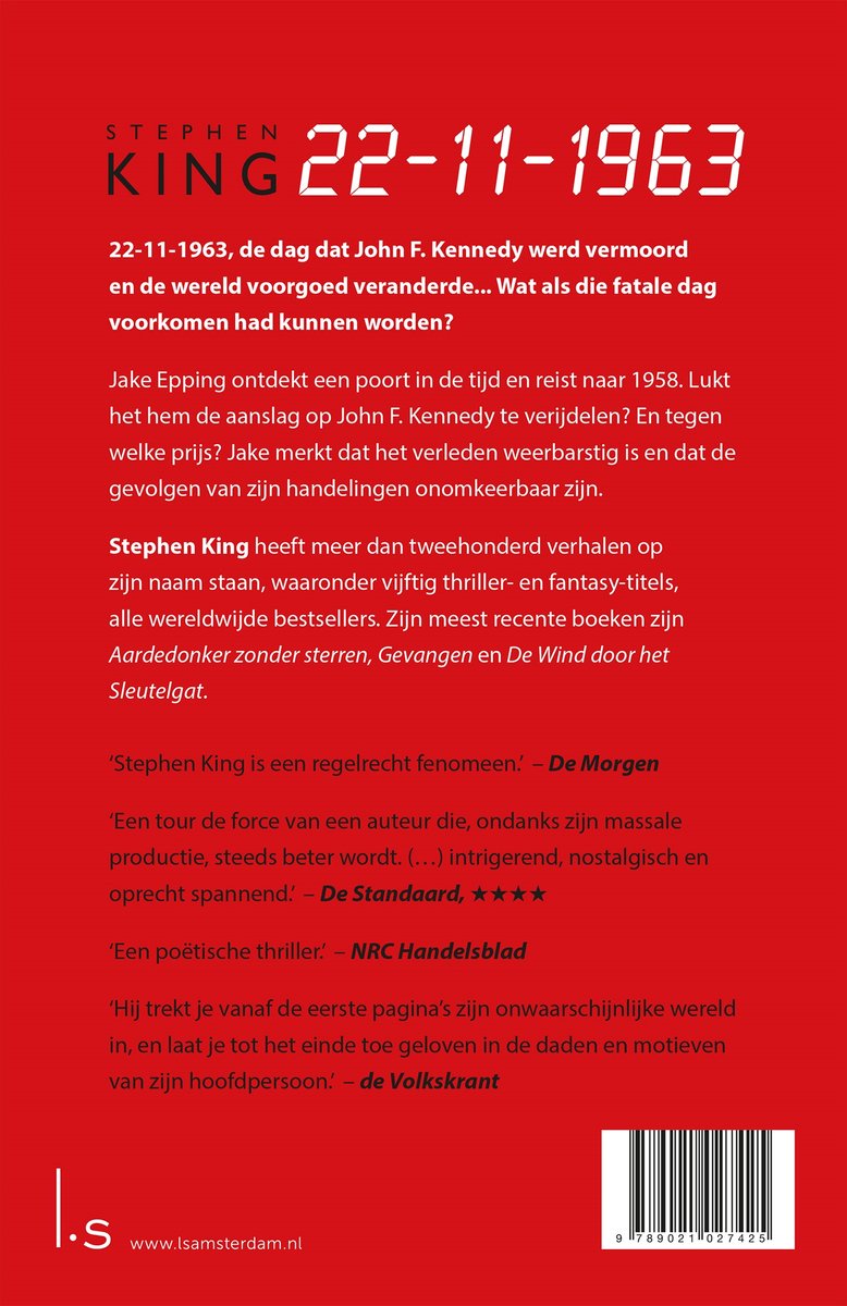 Boekomslag met rode tekst 'STEPHEN KING 22-11-1963'. Verhaal over Kennedy en tijdreizen.