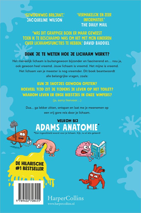 De achterkant van een boek met illustraties van menselijke organen en de tekst 'WELKOM BIJ ADAMS ANATOMIE'.