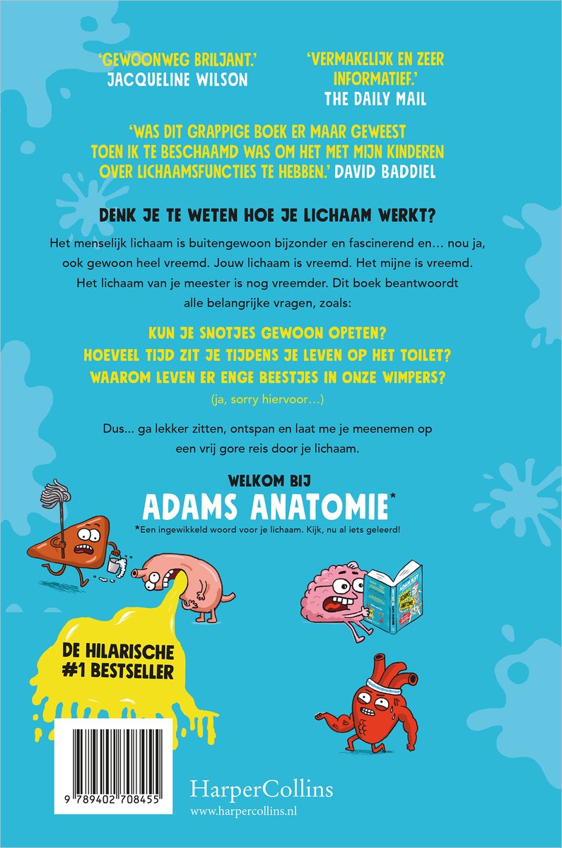 De achterkant van een boek met illustraties van menselijke organen en de tekst 'WELKOM BIJ ADAMS ANATOMIE'.