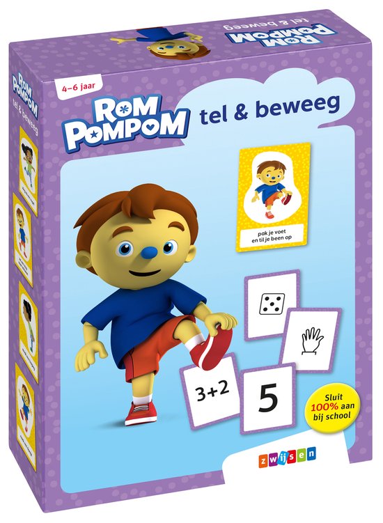 De voorkant van de "Rom Pom Pom tel & beweeg" speldoos. Een cartoonjongen met blauw shirt en rode korte broek staat centraal. Er zijn kaarten met "3+2=5", een dobbelsteen met 5 ogen, handgebaren en een kindje dat op één been staat.
