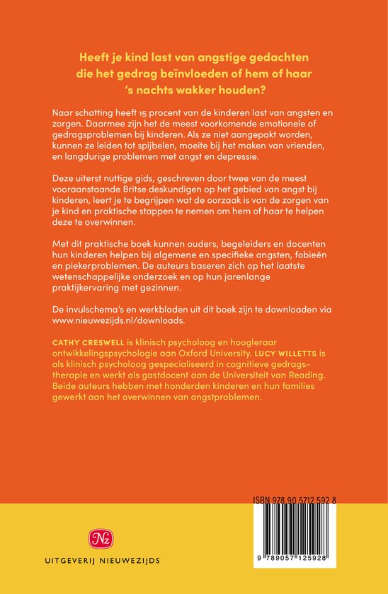 Achterkant van het boek 'Help je kind bij angst en zorgen' met ISBN en uitgever.