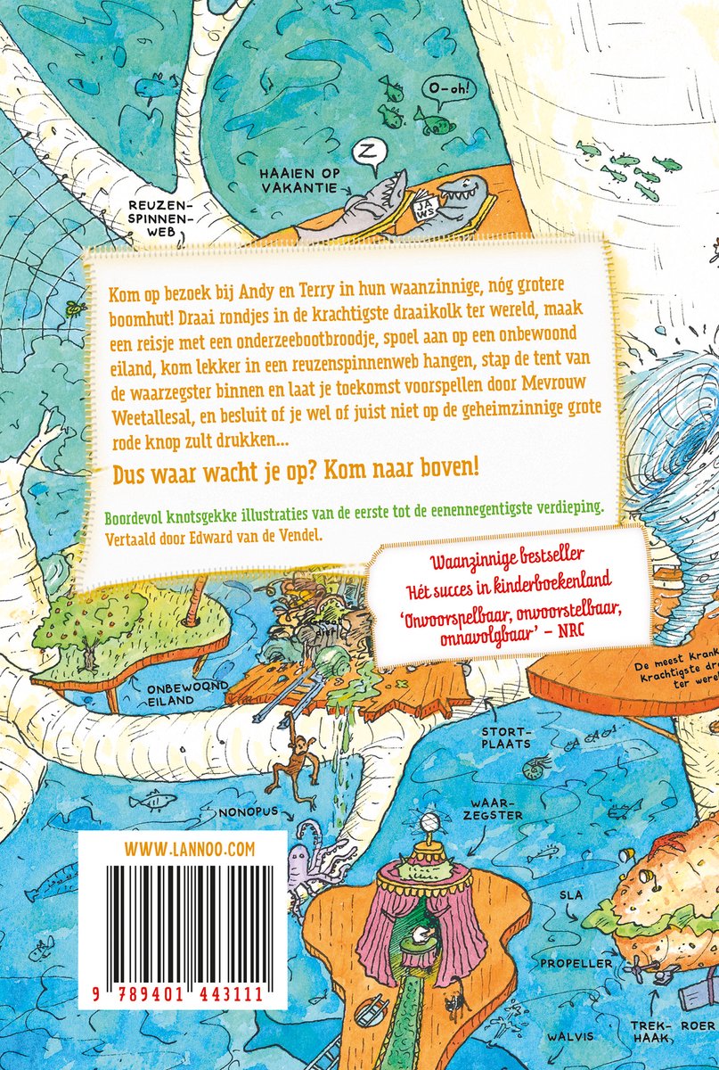 Achterkant boek: De waanzinnige boomhut van 91 verdiepingen, met tekeningen van een boomhut en tekst.