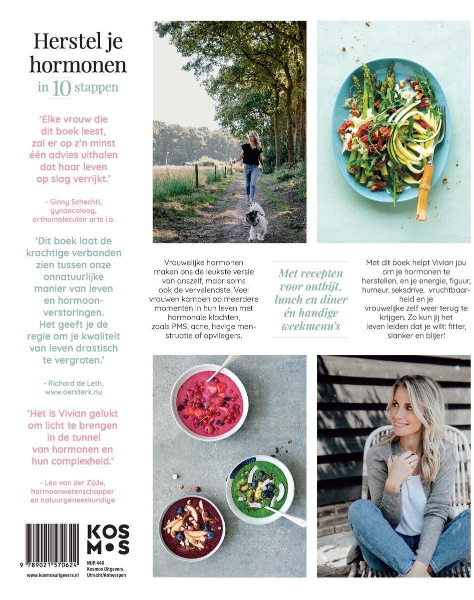 Boek "Herstel je hormonen in 10 stappen" met foto's van eten, een vrouw met hond, en een vrouw die koffie drinkt.