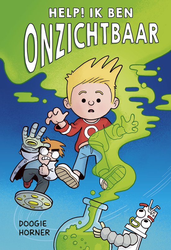 Voorpagina boek 'Help! Ik ben onzichtbaar' met jongen en een robot.