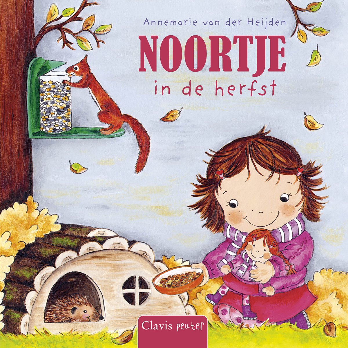 Boek "Noortje in de herfst". Meisje met pop, eekhoorn bij voederhuisje, egel in hol. Kinderlijke illustratie.